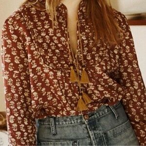 Dôen Hasma Top Small Red Floral Tassel Tie Cotton Boho Blouse